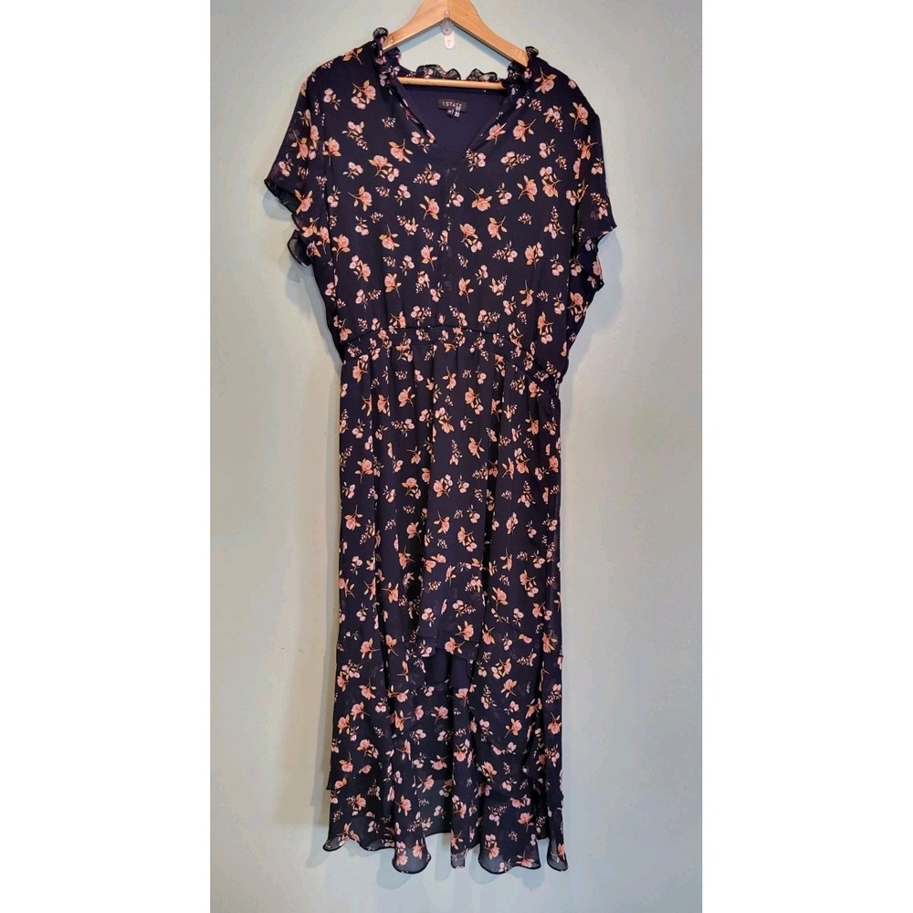 Navy Blue Floral Chiffon Ruffle Hi Lo Whimsigoth Maxi Dress 1 State Sz 2X